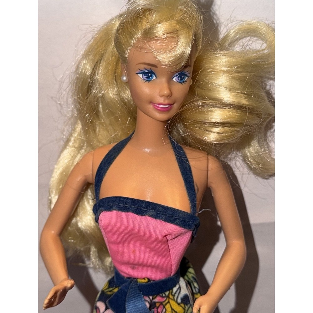 90s Mattel Barbie Doll Blonde Superstar Face Dress Pearl Earrings Vintage Read